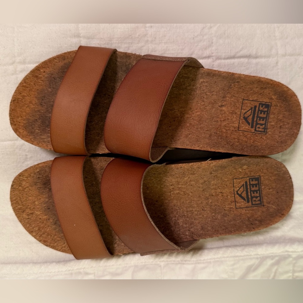 Reef Tan Leather Slide Sandals